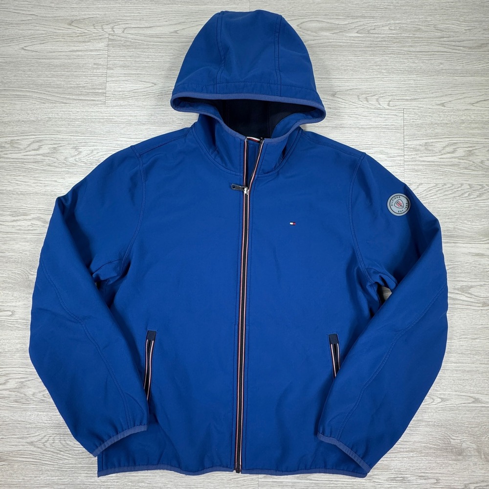 Tommy Hilfiger Men's Jacket Softshell Fleece Lined Hooded Blue‎ Medium Logo